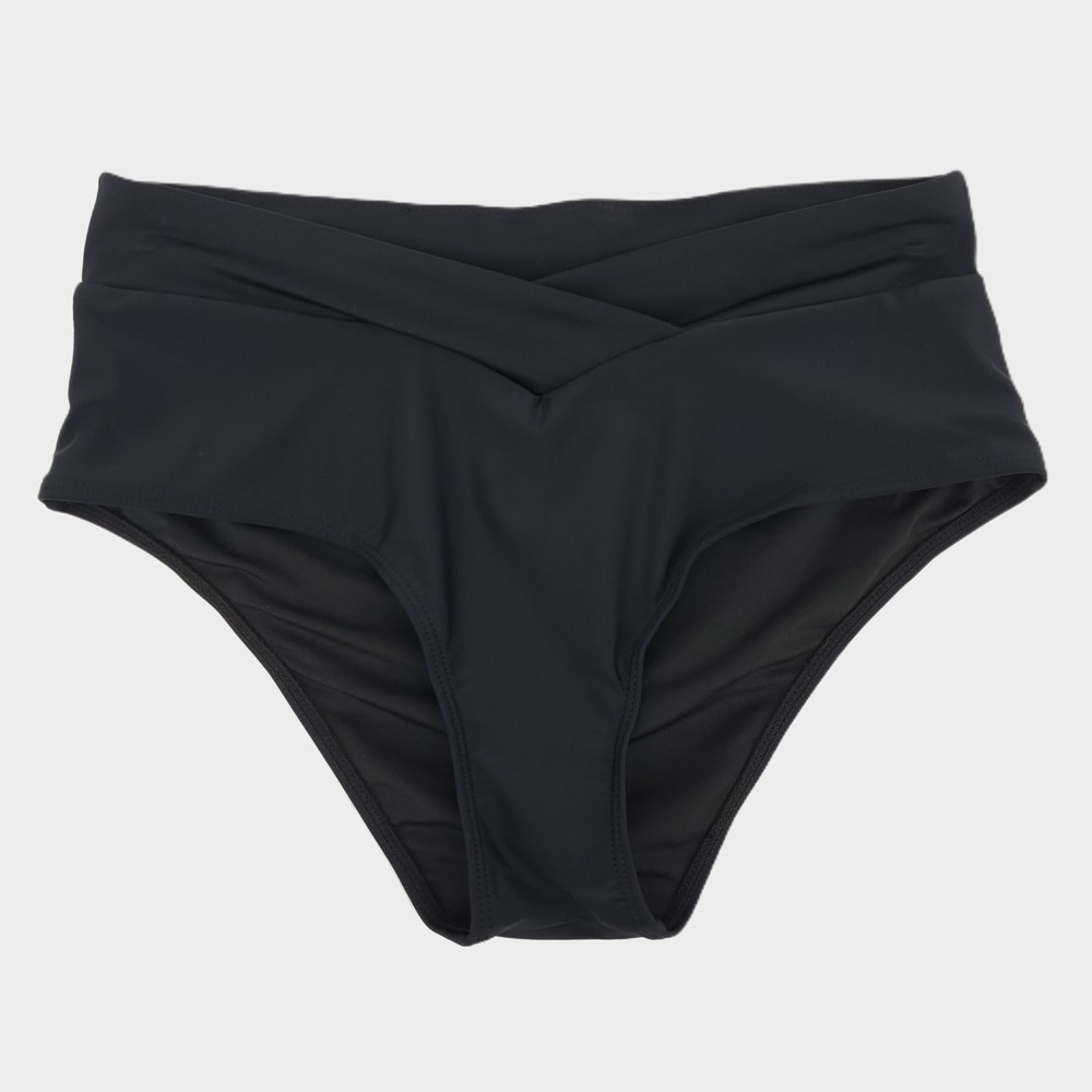 Cocopear Womens Medium High Waisted Crossover Bikini Bottom Black Stretch New